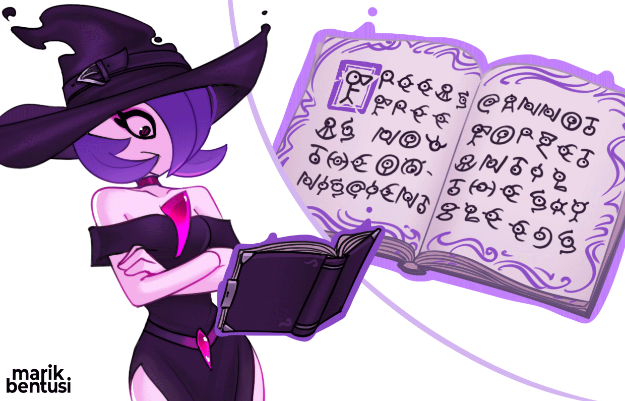 1girl :/ alternate_color alternate_shiny_pokemon artist_name aura bare_shoulders bob_cut book breasts choker closed_mouth collarbone colored_skin cowboy_shot crossed_arms dark_aura dress english_text female_focus floating floating_object gardevoir gen_2_pokemon gen_3_pokemon hair_over_one_eye hat hat_belt looking_down marik_bentusi multiple_views nintendo off-shoulder_dress off_shoulder one_eye_covered open_book pink_skin pokemon pokemon_(creature) purple_dress purple_eyes purple_hair purple_hat reading red_choker short_hair side_slit sideways_mouth simple_background slit_pupils small_breasts standing telekinesis unown unownglyphics watermark white_background witch witch_hat