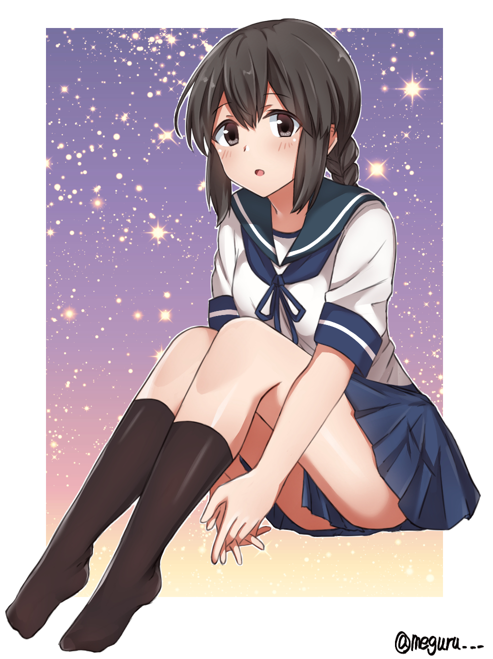 1girl bad_id bad_twitter_id black_eyes black_hair black_socks blue_sailor_collar blue_skirt braid drill_hair female_focus full_body hair_between_eyes highres isonami_(kancolle) kantai_collection kneehighs long_hair machinery meguru_(megurunn) pleated_skirt sailor_collar school_uniform serafuku sidelocks sitting skirt socks solo star_(sky) star_(symbol) starry_sky_background twin_drills white_background