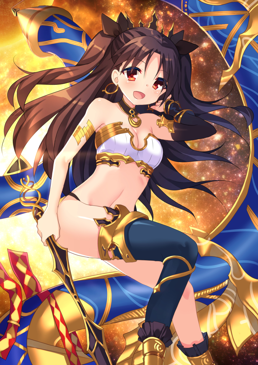 1girl :d asymmetrical_legwear asymmetrical_sleeves bare_shoulders bikini black_panties black_ribbon black_thighhighs blush breasts brown_hair cleavage commentary craytm detached_sleeves earrings english_commentary fate/grand_order fate_(series) female_focus hair_between_eyes hair_ribbon hand_up heavenly_boat_maanna highres holding holding_weapon hoop_earrings ishtar_(fate) jewelry long_hair long_sleeves looking_at_viewer open_mouth panties parted_bangs red_eyes revealing_clothes ribbon single_detached_sleeve single_thighhigh small_breasts smile solo strapless strapless_bikini swimsuit thighhighs tiara two_side_up underwear uneven_legwear uneven_sleeves very_long_hair weapon