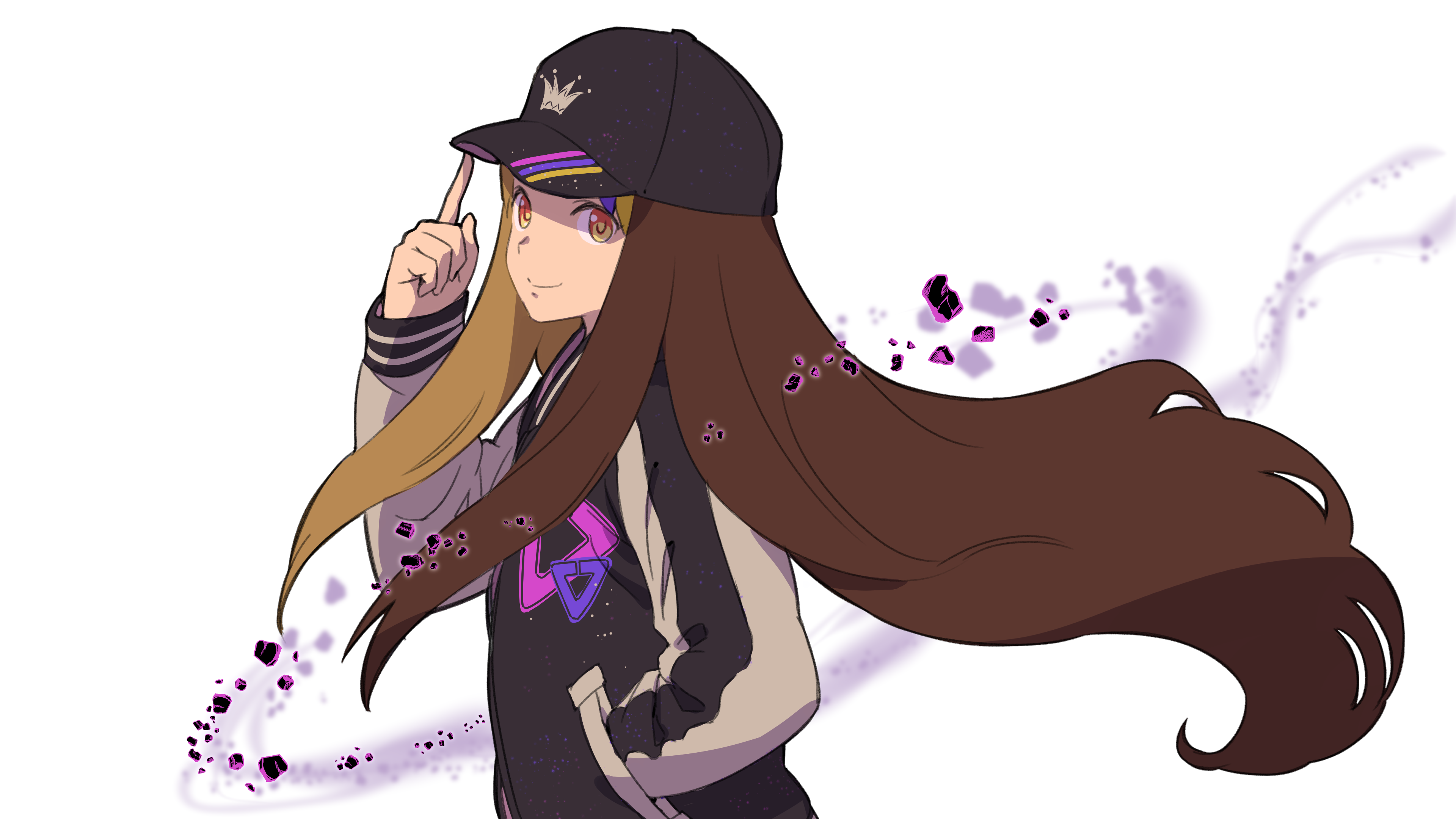 1girl absurdres adjusting_clothes adjusting_headwear baseball_cap black_hat black_jacket brown_eyes brown_hair commentary crown_print debris finger_to_headwear from_side galaco galaco_(neo) hand_in_pocket hand_up hat highres index_finger_raised jacket long_hair looking_at_viewer looking_to_the_side multicolored_hair smile solo streaked_hair tarokazu upper_body very_long_hair vocaloid white_background