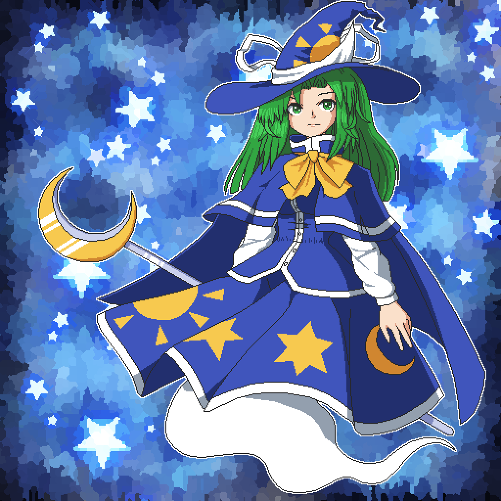 1girl adapted_costume aksawshin blue_hat blue_skirt blue_vest bow bowtie cape crescent crescent_print expressionless full_body ghost_tail green_eyes green_hair hat holding holding_staff long_hair long_sleeves mima_(touhou) pixel_art shirt skirt solo staff star_(symbol) star_print sun_print sun_symbol touhou touhou_(pc-98) triangular_headpiece vest white_shirt wizard_hat yellow_bow yellow_bowtie