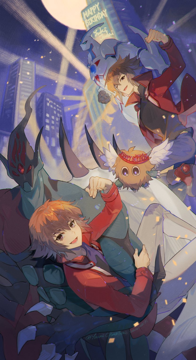 4boys black_shirt blue_pants body_fur brown_eyes brown_fur brown_hair building colored_skin commentary_request dual_persona elemental_hero_neos elemental_hero_shining_flare_wingman english_text feathered_wings full_moon green_skin happy_birthday highres jacket medium_hair moon multicolored_skin multiple_boys night pants pointing pointing_at_viewer red_jacket red_skin shirt skyscraper two-tone_skin white_pants white_skin white_wings winged_kuriboh wings youmicitrustea yu-gi-oh! yu-gi-oh!_gx yuki_judai
