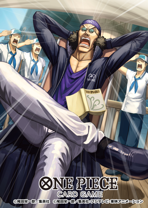4boys aged_down aokiji_(one_piece) black_hair blue_neckerchief blue_shirt book chair coat collared_coat commentary_request copyright_name crossed_legs curly_hair hat long_coat long_sleeves male_focus marine_(one_piece) mast motion_lines multiple_boys neckerchief no_eyes official_art on_chair one_piece one_piece_card_game open_clothes open_coat open_mouth pants screaming sennsu shirt sleeveless sleeveless_shirt sunglasses white_pants white_shirt