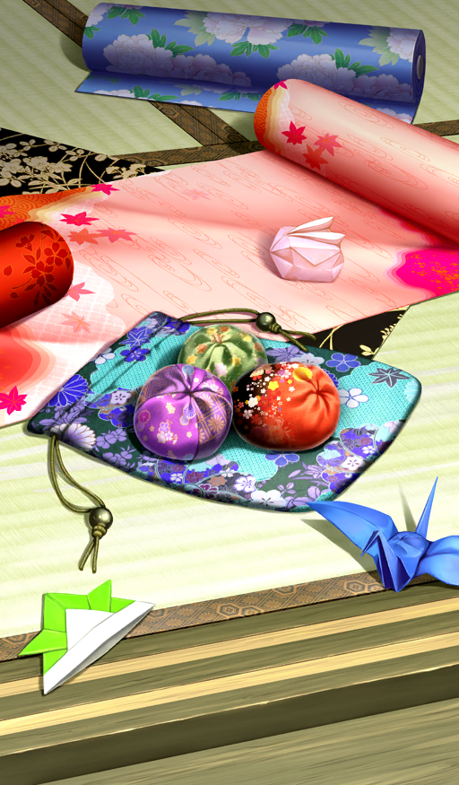 commentary fate/grand_order fate_(series) floral_print indoors lasengle no_humans object_focus object_request official_art origami paper_crane pouch still_life sunlight tatami third-party_source