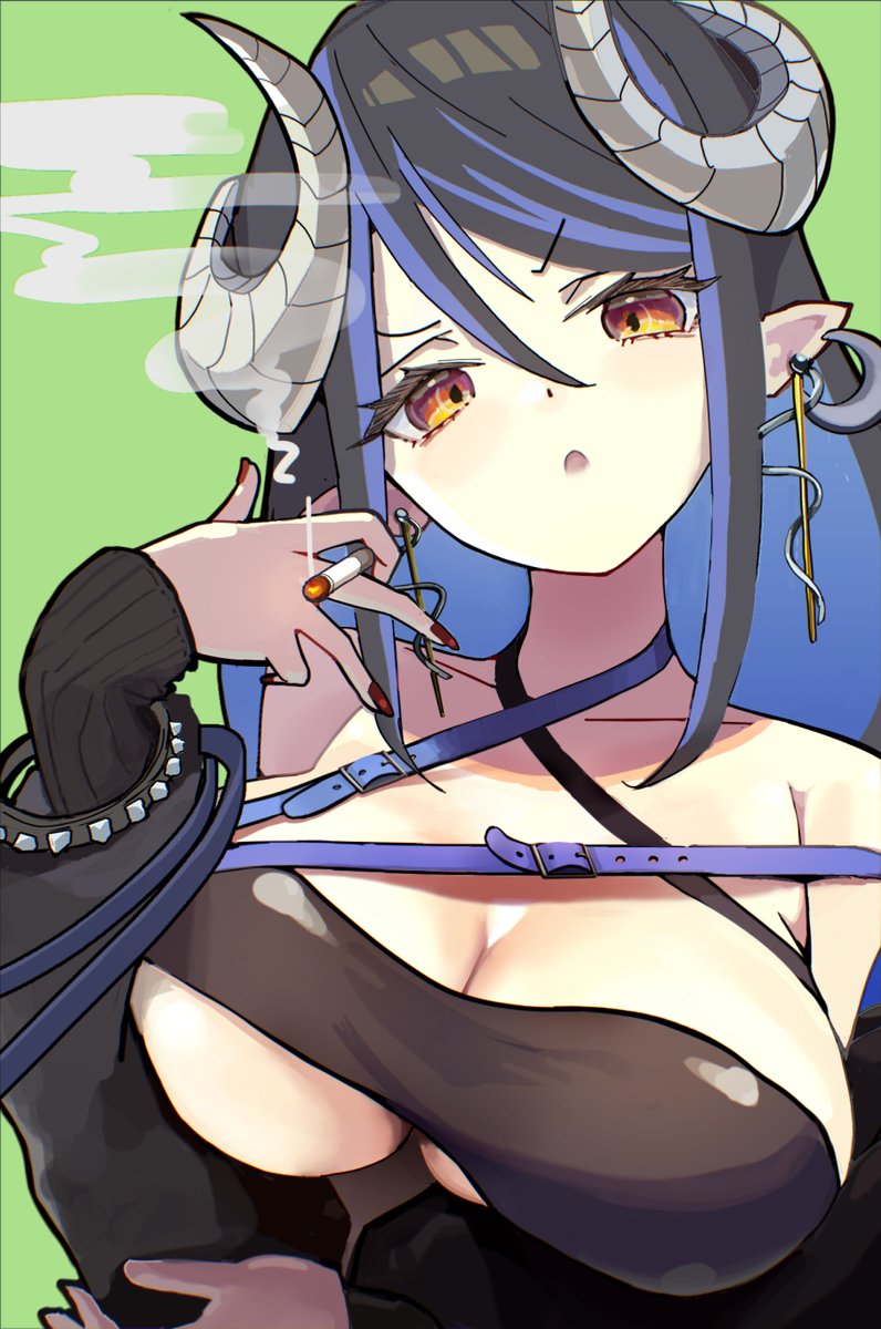 1girl arm_under_breasts bandeau belt black_bandeau black_belt black_hair black_jacket blue_belt blue_hair breasts brown_eyes chest_belt cigarette cleavage collarbone commentary_request curled_horns demon_girl demon_horns green_background grey_horns hair_between_eyes hebiyoi_tier hebiyoi_tier_(1st_costume) highres holding holding_cigarette horns jacket large_breasts long_hair long_sleeves looking_at_viewer multicolored_hair nanashi_inc. open_clothes open_jacket open_mouth pointy_ears sidelocks simple_background smoke smoking solo two-tone_hair upper_body virtual_youtuber wasabifu