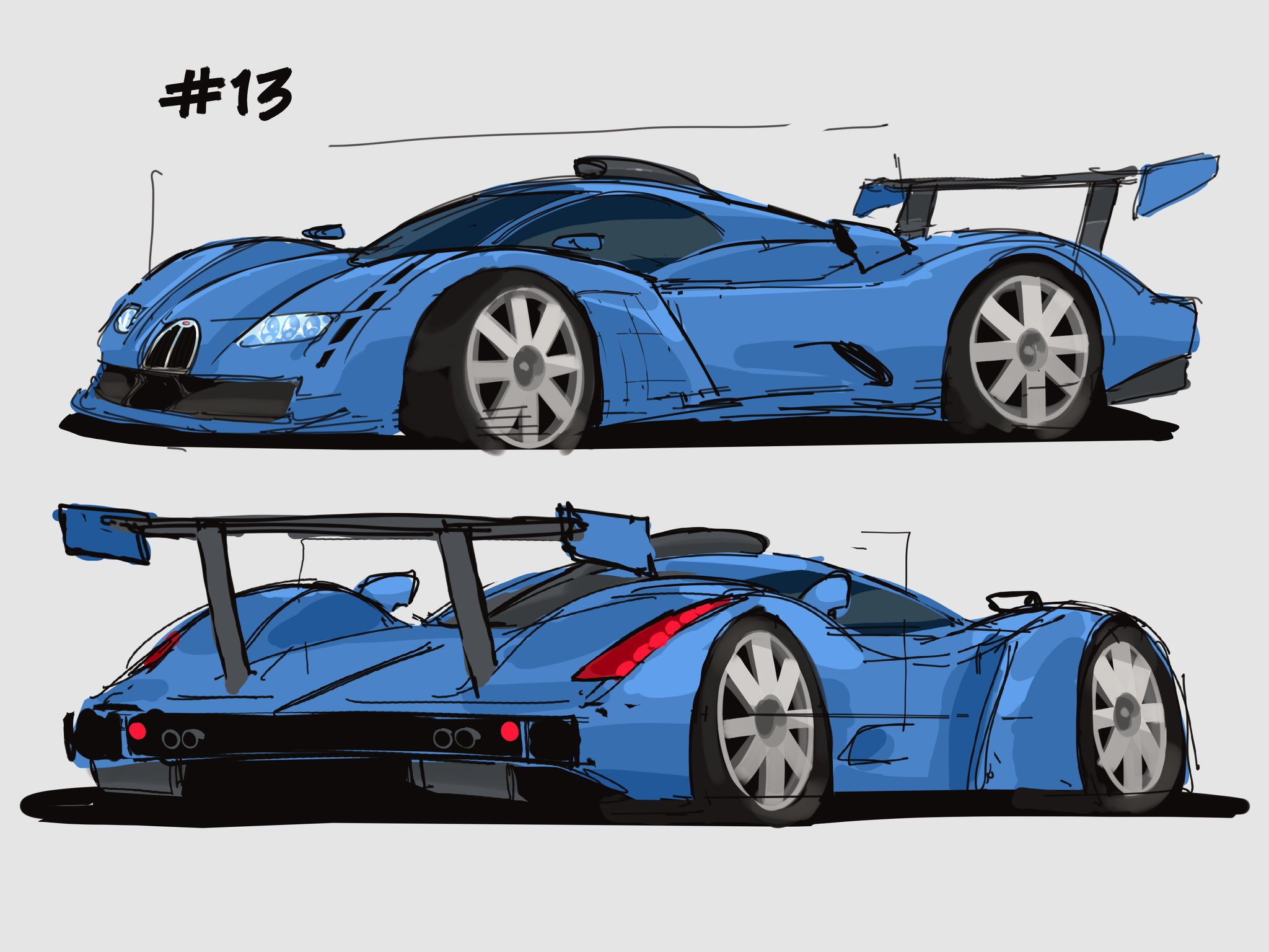blue_car bugatti bugatti_chiron car firdraws grey_background highres le_mans_prototype motor_vehicle no_humans original race_vehicle racecar redesign shadow simple_background spoiler_(automobile) vehicle_focus