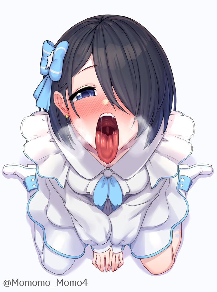 1girl black_hair blue_eyes blush boots breasts breath earrings enogu hair_over_one_eye heavy_breathing iwamotochou_geinousha jewelry looking_at_viewer open_mouth oral_invitation saliva short_hair sitting small_breasts solo suzuki_anzu teeth thighhighs tongue tongue_out uvula virtual_youtuber wariza white_boots white_thighhighs yoshiwa_tomo