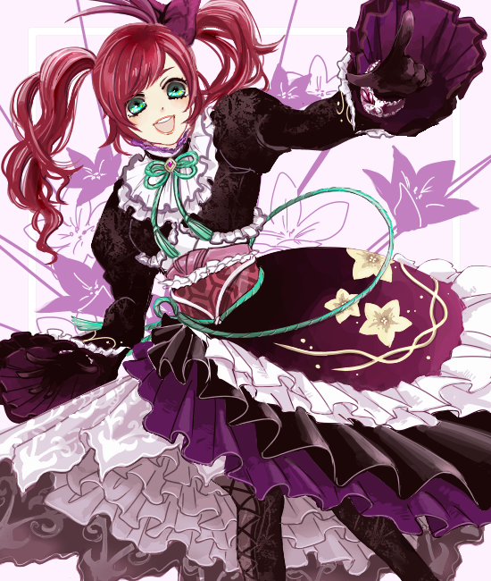 akechi_mitsuhide bracelet collar cross-laced_clothes cross-laced_legwear flower frilled_collar frilled_skirt frilled_sleeves frills gloves green_eyes hair_ribbon hosokawa_gracia japanese_clothes jewelry kimono lips lipstick long_sleeves makeup obi red_hair ribbon sash sengoku_musou skirt twintails