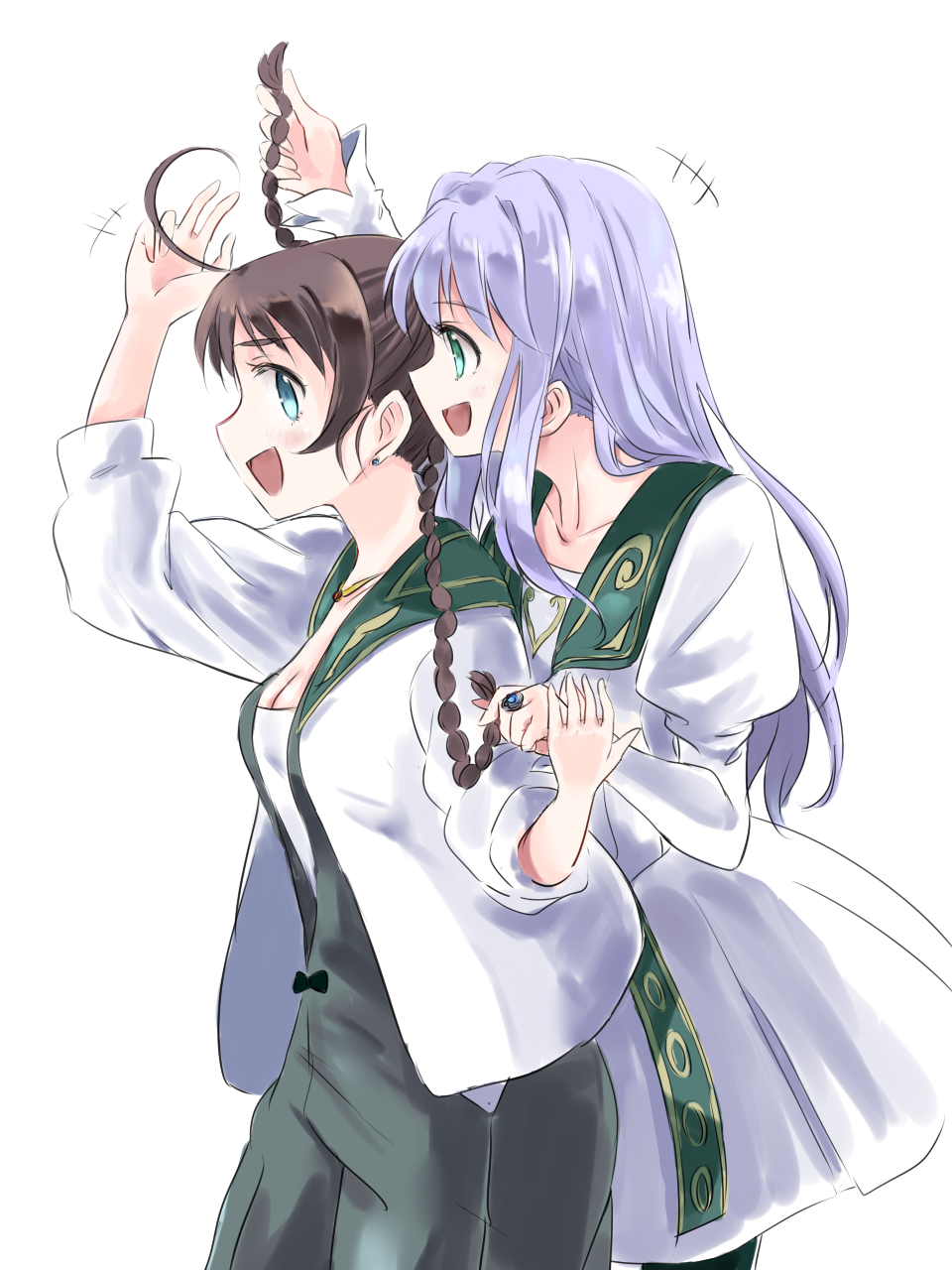 00s 2girls ahoge arika_yumemiya blue_eyes braid brown_hair earrings highres jewelry light_purple_hair long_hair maromi_(am97) mashiro_blan_de_windbloom multiple_girls my-hime my-otome necklace ring smile standing sunrise_(company) twin_braids