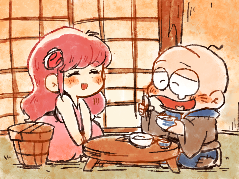 1boy 1girl bald bowl chibita chopsticks dress flower flower_fairy_(osomatsu-kun) flower_girl_(osomatsu-kun) hair_flower hair_ornament heart heart_in_mouth kuri_(shibimame) osomatsu-kun osomatsu_(series) pink_hair rice_bowl seiza sitting sliding_doors table