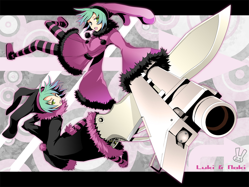 2girls aqua_hair blue_eyes dogs:_bullets_&amp;_carnage gradient_hair green_eyes green_hair gun hat heterochromia knife koumei_(artist) koumei_(harmonizer) long_sleeves luki multicolored_hair multiple_girls noki pantyhose short_hair siblings striped_clothes striped_legwear striped_pantyhose thighhighs twins weapon