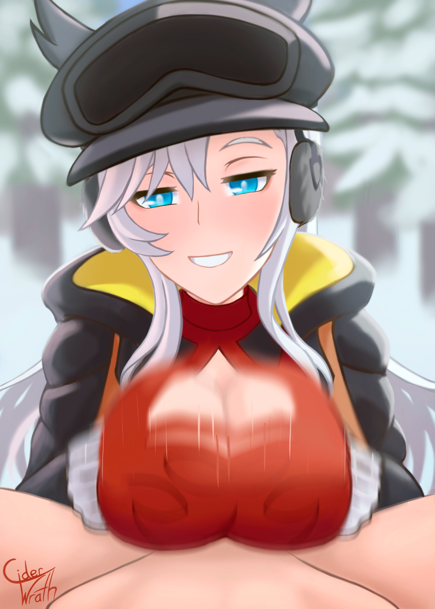 1boy 1girl black_jacket blue_eyes breasts ciderwrath cleavage_cutout clothing_cutout dragalia_lost ear_covers earmuffs forest gloves goggles goggles_on_head highres ilia_(dragalia_lost) jacket large_breasts looking_at_viewer nature naughty_face open_clothes open_jacket open_mouth paizuri red_shirt shirt signature snow white_gloves white_hair