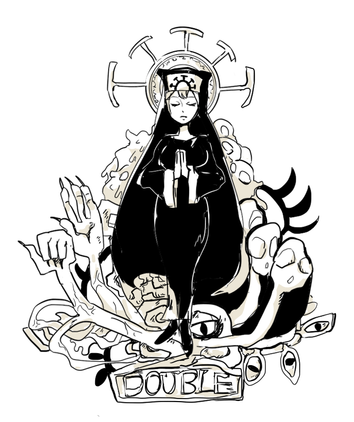 1girl closed_eyes crown double_(skullgirls) extra_arms full_body greyscale halo monochrome monster monster_girl nun own_hands_clasped skullgirls solo soumenhiyamugi standing