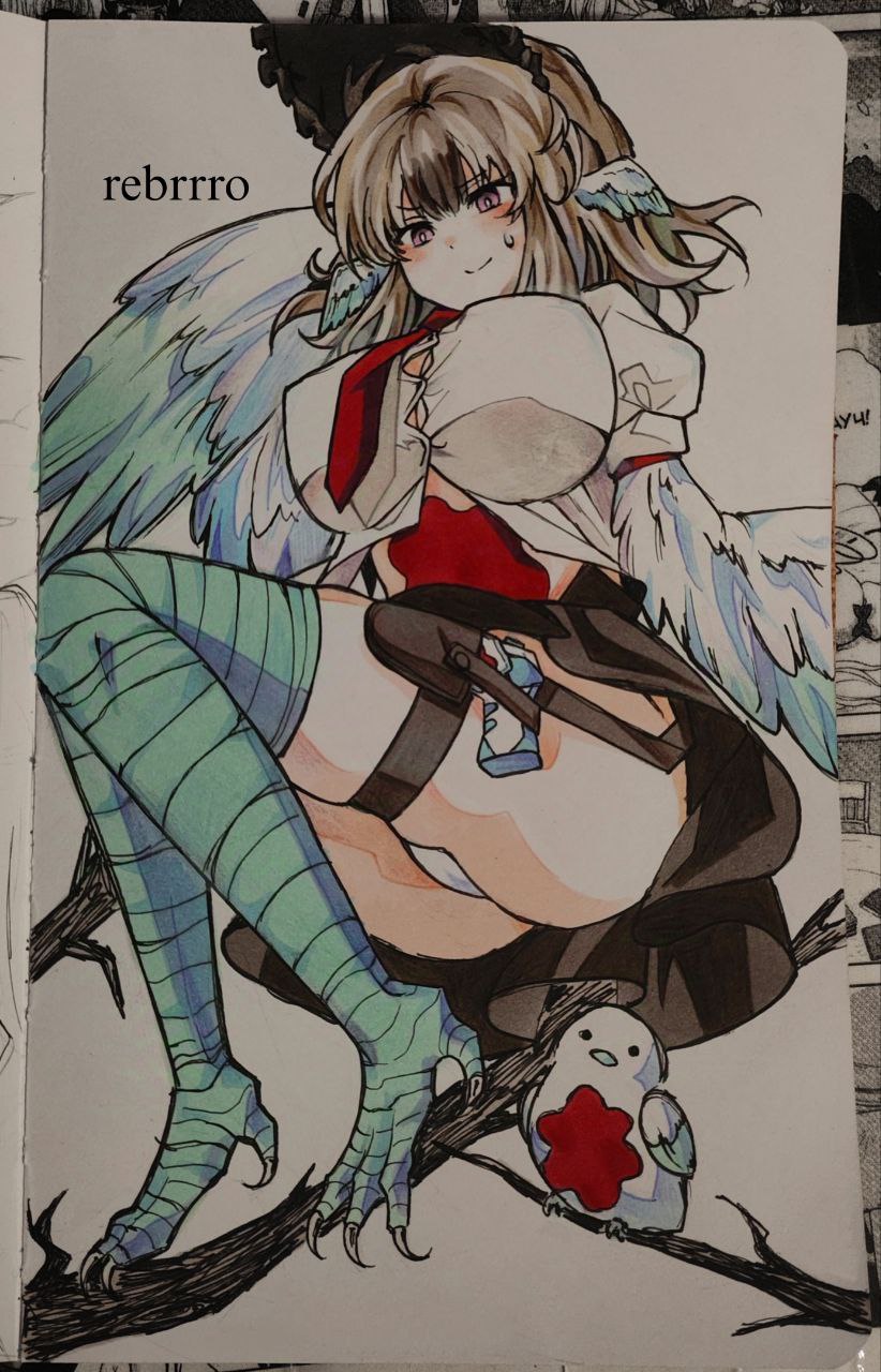 1girl beak_(e.g.o) black_souls black_souls_2 bonnet breasts brown_bonnet brown_eyes brown_hair closed_mouth crossover dodo_(black_souls) e.g.o_(project_moon) from_below gun handgun harpy head_wings highres holster knees_up large_breasts lobotomy_corporation medium_hair monster_girl panties perching project_moon puffy_short_sleeves puffy_sleeves punishing_bird rebrrro short_sleeves simple_background smile solo talons thigh_holster thigh_strap underwear weapon white_background white_panties wings