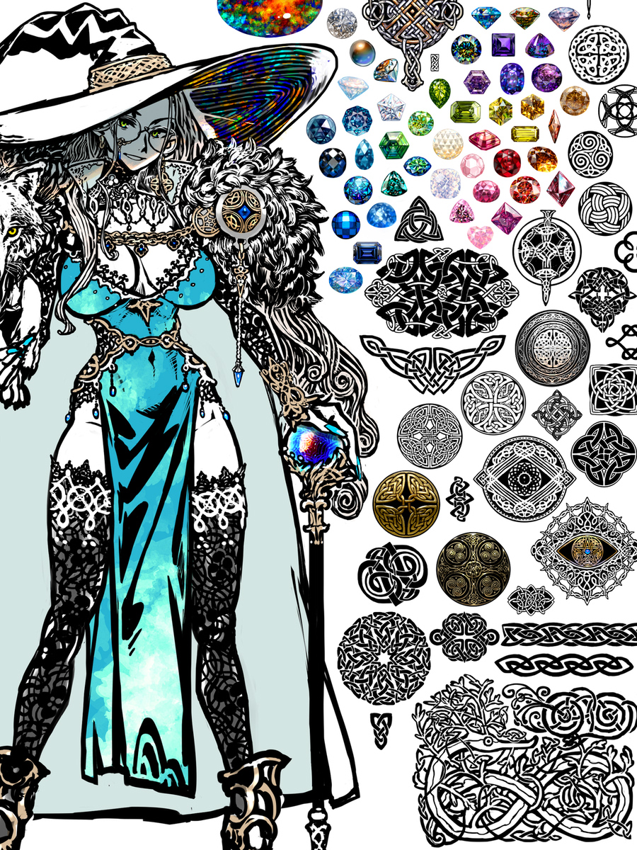 1girl blue_gemstone breasts cloak dress gem glasses green_eyes green_gemstone hat highres jewelry kahadu_(kawazu) large_breasts original pelt pelvic_curtain red_gemstone round_eyewear scepter sigil smile solo tagme thighhighs witch_hat