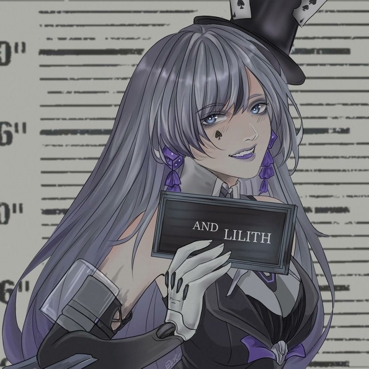 1girl barbie_mugshot_(meme) black_headwear black_shirt card character_name cube_earrings cylinder elizkras facial_tattoo grey_eyes grey_hair grey_lips height_chart holding holding_card joints lilith_(pgr) long_hair mechanical_arms meme mugshot nameplate open_mouth poker punishing:_gray_raven robot_joints shirt sidelocks sleeveless sleeveless_shirt solo spade_(shape) spade_tattoo tattoo upper_body