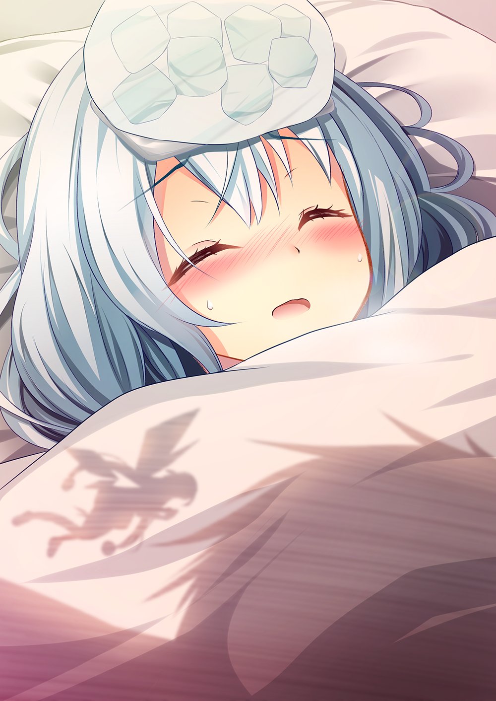 1girl akine_(kuroyuri) bed_sheet bemani blush close-up closed_eyes heavy_breathing highres hiyuki-chan ice ice_cube ice_pack lying pillow solo sound_voltex white_hair