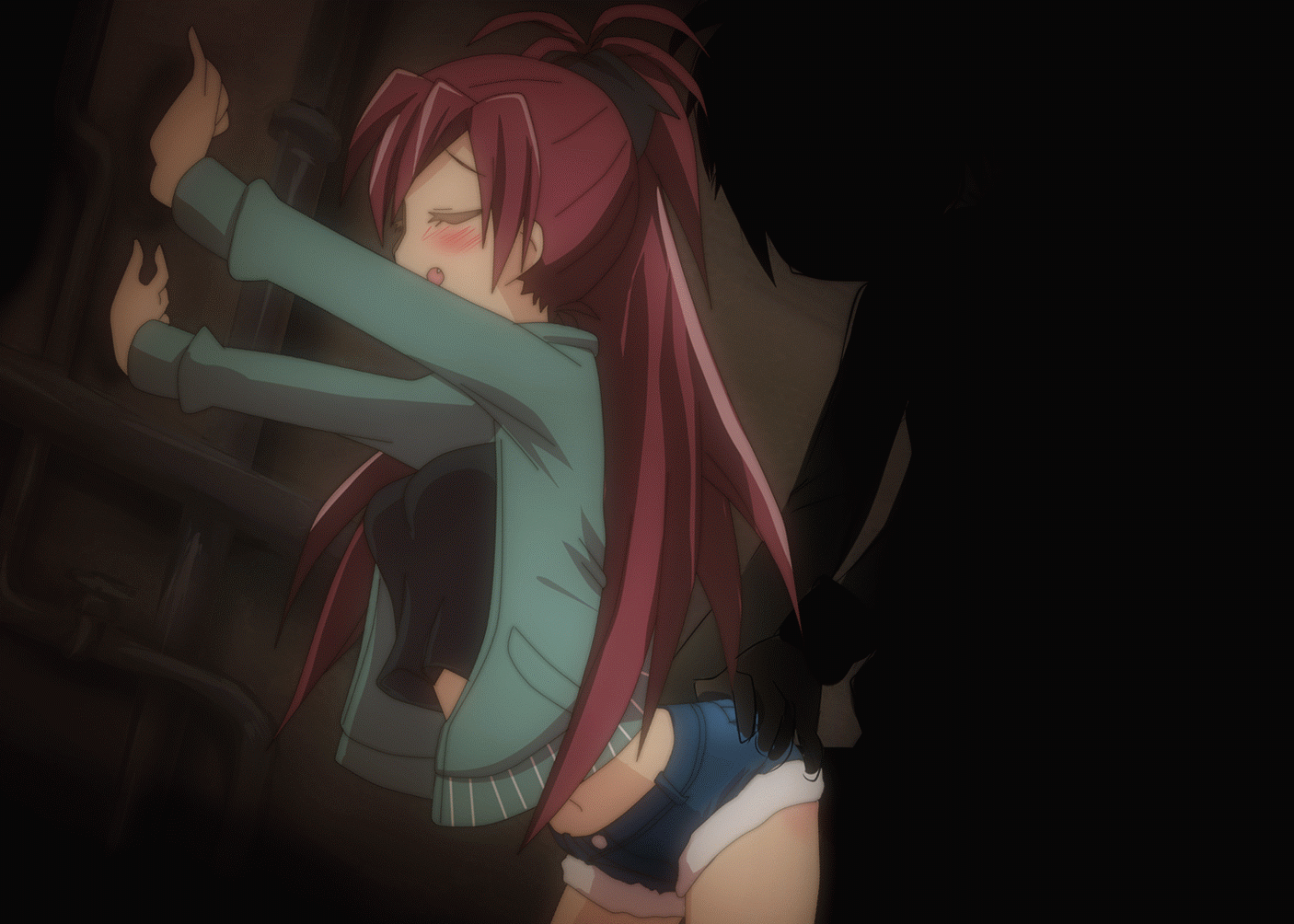 hangaku, sakura kyoko, mahou shoujo madoka magica, animated, animated gif,  10s, 1girl, against wall, bouncing breasts, breasts, clothed sex, denim,  denim shorts, jacket, red hair, sex, shorts, vaginal - Image View - |