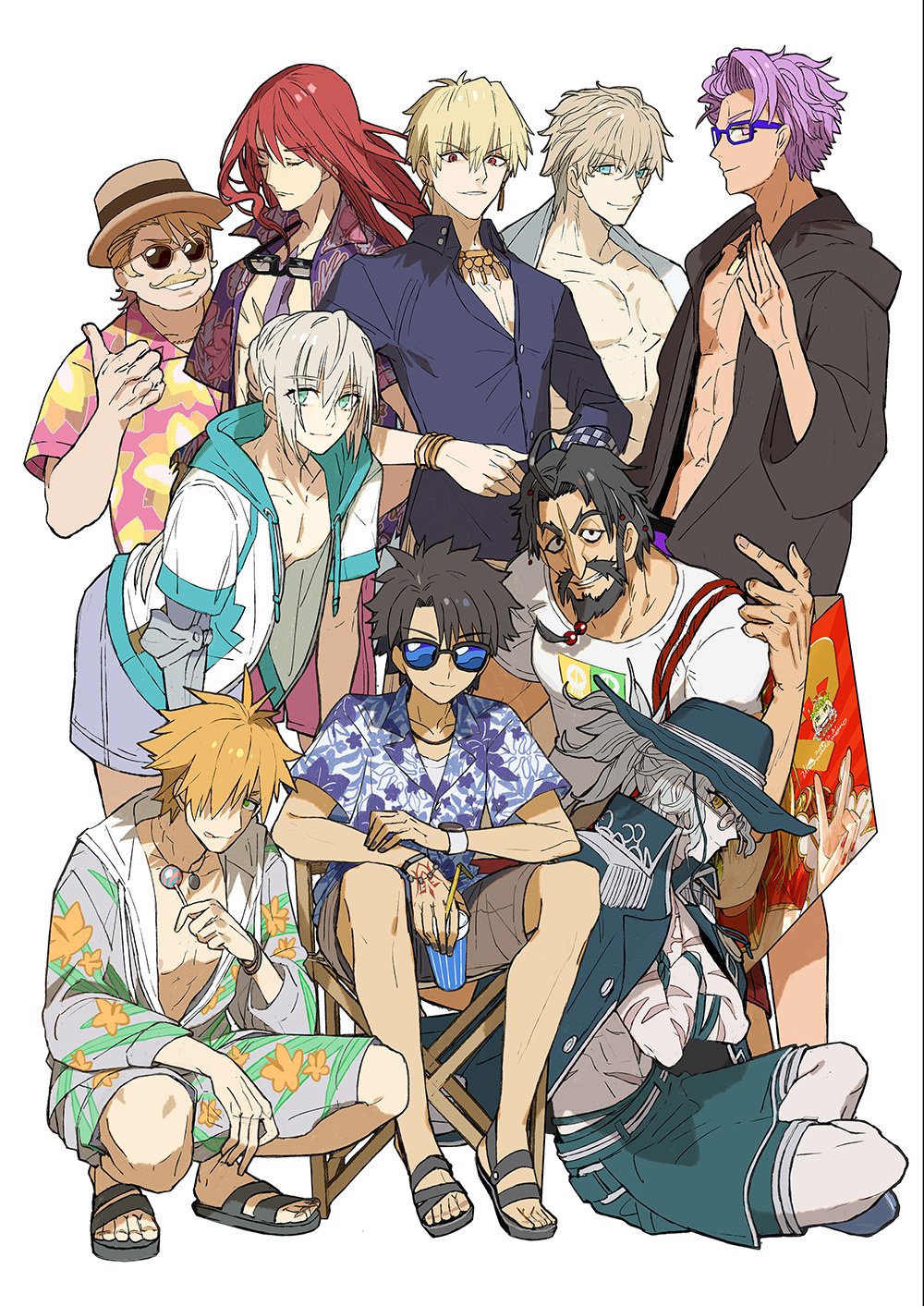 6+boys abs beard bedivere_(fate) bedivere_(servant_summer_festival!_2018_swimsuit)_(fate) black_hair blonde_hair bracelet brown_hair candy crossed_arms edmond_dantes_(fate) edmond_dantes_(monte_cristo_selection)_(fate) edward_teach_(fate) edward_teach_(final_ascension)_(fate) eyewear_around_neck facial_hair fate/grand_order fate_(series) floral_print food fujimaru_ritsuka_(male) fujimaru_ritsuka_(male)_(tropical_summer) gawain_(fate) gawain_(scion_of_summer)_(fate) gilgamesh gilgamesh_(caster)_(fate) gilgamesh_(establishment)_(fate) gilgamesh_(fate) glasses goredolf_musik hat hawaiian_shirt highres hood hoodie jacket jacket_on_shoulders jewelry lancelot_(fate/grand_order) lancelot_(strongest_knight_of_summer)_(fate) lollipop looking_at_viewer male_focus male_swimwear multiple_boys muscular mustache nero_claudius_(fate) nero_claudius_(fate/extra) official_alternate_costume open_clothes open_hoodie open_shirt pale_skin print_male_swimwear print_swim_trunks print_swimsuit purple_hair purple_male_swimwear purple_swim_trunks red_hair revision robin_hood_(fate) robin_hood_(summer_hunter)_(fate) sandals shirt shorts sitting smile spiked_hair squatting swim_trunks swimsuit thumbs_up tristan_(chicken_of_luluhawa)_(fate) tristan_(fate) tropical_summer_(fate) wada_arco watch white_male_swimwear white_swim_trunks wristband wristwatch