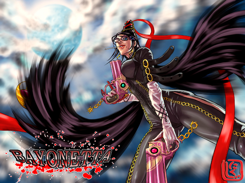 1girl bayonetta bayonetta_(series) beehive_hairdo black_hair blue_eyes bodysuit breasts candy copyright_name dual_wielding elbow_gloves female_focus food full_moon glasses gloves gun holding large_breasts lipstick lollipop long_hair makeup mole mole_under_mouth moon motion_blur nikuji-kun pinky_out solo trigger_discipline very_long_hair weapon white_gloves