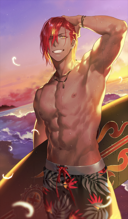 1boy ;d abs adjusting_hair arm_at_side arm_up armpits ashwatthama_(fate) beach black_male_swimwear bracelet cloud commentary_request cowboy_shot dark-skinned_male dark_skin drawstring dutch_angle fate/grand_order fate_(series) feathers grin hair_over_one_eye hand_on_own_head holding holding_surfboard horizon jewelry kazuki_yone looking_at_viewer male_focus male_swimwear medium_hair navel nipples ocean official_alternate_costume official_art one_eye_closed open_mouth outdoors pectorals pendant red_hair sand smile solo standing sunlight sunset surfboard swim_trunks teeth third-party_source toned toned_male water wet yellow_eyes