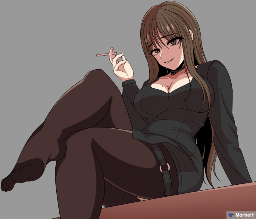 1girl artist_name beautiful_gunbari black_shirt breasts brown_eyes brown_hair brown_pantyhose cigarette cleavage feet foot_out_of_frame holding holding_cigarette jung_su-a knee_up large_breasts legs long_hair long_sleeves looking_at_viewer marheit mole mole_on_breast no_shoes o-ring pantyhose shirt sitting solo thigh_strap toes very_long_hair