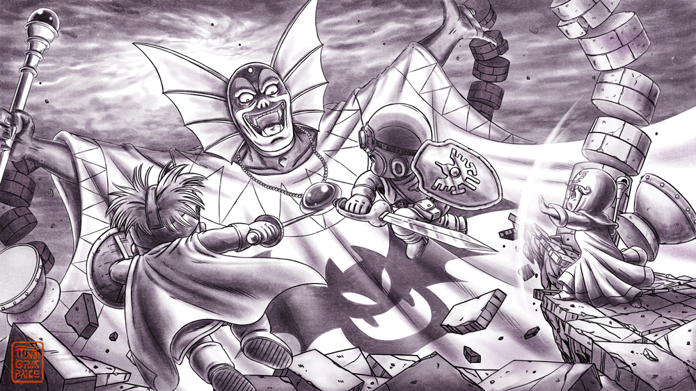 1girl 3boys asymmetrical_dual_wielding aviator_cap boots brazier cape commentary_request cousins dragon_quest dragon_quest_ii dual_wielding erdrick&#039;s_shield fangs fighting fins floating_clothes gloves greyscale hargon head_fins holding holding_shield holding_staff holding_sword holding_weapon hood jewelry mage_staff magic monochrome multiple_boys necklace open_mouth prince_of_lorasia prince_of_samantoria princess_of_moonbrook rapier robe roto&#039;s_emblem shield size_difference staff sword titan_g_bubo weapon