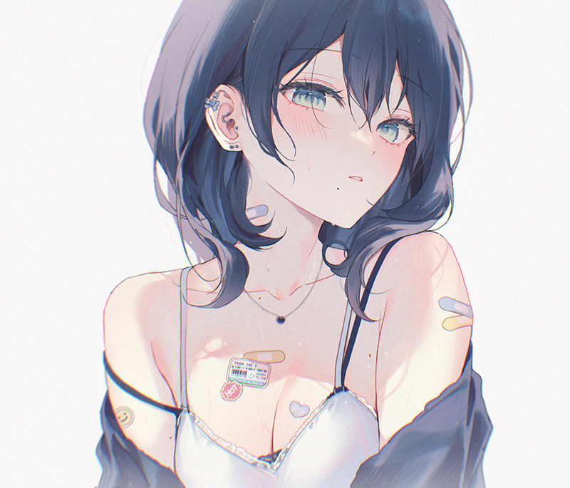 1girl bandaid bandaid_on_arm bandaid_on_neck bare_shoulders black_hair blue_eyes blue_hair blush breasts camisole cleavage collarbone ear_piercing earrings hair_between_eyes heart jewelry looking_at_viewer medium_breasts medium_hair mole mole_on_breast mole_under_mouth necklace off_shoulder original parted_lips piercing silltare simple_background solo strap_slip sweat upper_body white_background