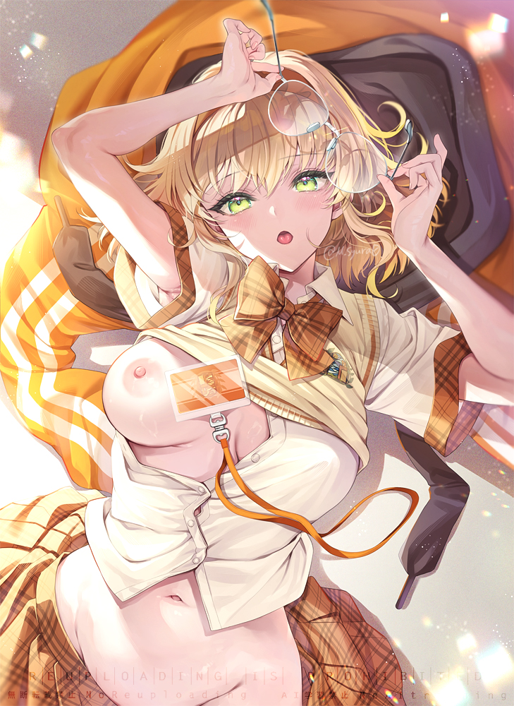 1girl armpits arms_up blush bow bowtie breasts emblem from_above glasses green_eyes groin jacket looking_at_viewer lying medium_breasts natalia_luzu_kimlasca_lanvaldear navel nipples no_bra on_back one_breast_out open_clothes open_mouth open_shirt orange_bow orange_bowtie orange_jacket orange_skirt partially_unbuttoned plaid_clothes plaid_skirt rimless_eyewear school_uniform shirt short_hair short_sleeves shuragyoku_mami skirt solo sweater_vest tales_of_(series) tales_of_the_abyss tongue tongue_out unworn_eyewear unworn_jacket unworn_skirt white_shirt