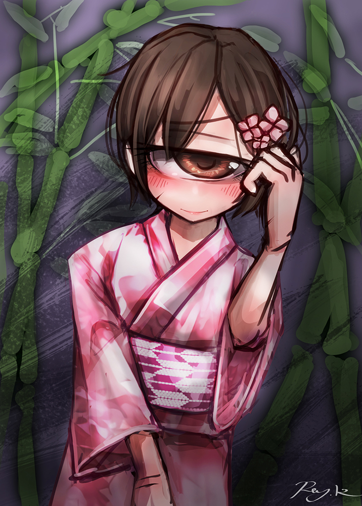 1girl alternate_costume bamboo blush brown_eyes brown_hair cyclops female_focus flower hair_flower hair_ornament hand_in_own_hair hitomebore japanese_clothes kimono looking_at_viewer obi official_art one-eyed ray-k sash short_hair signature sketch smile solo usui_sachi yagasuri