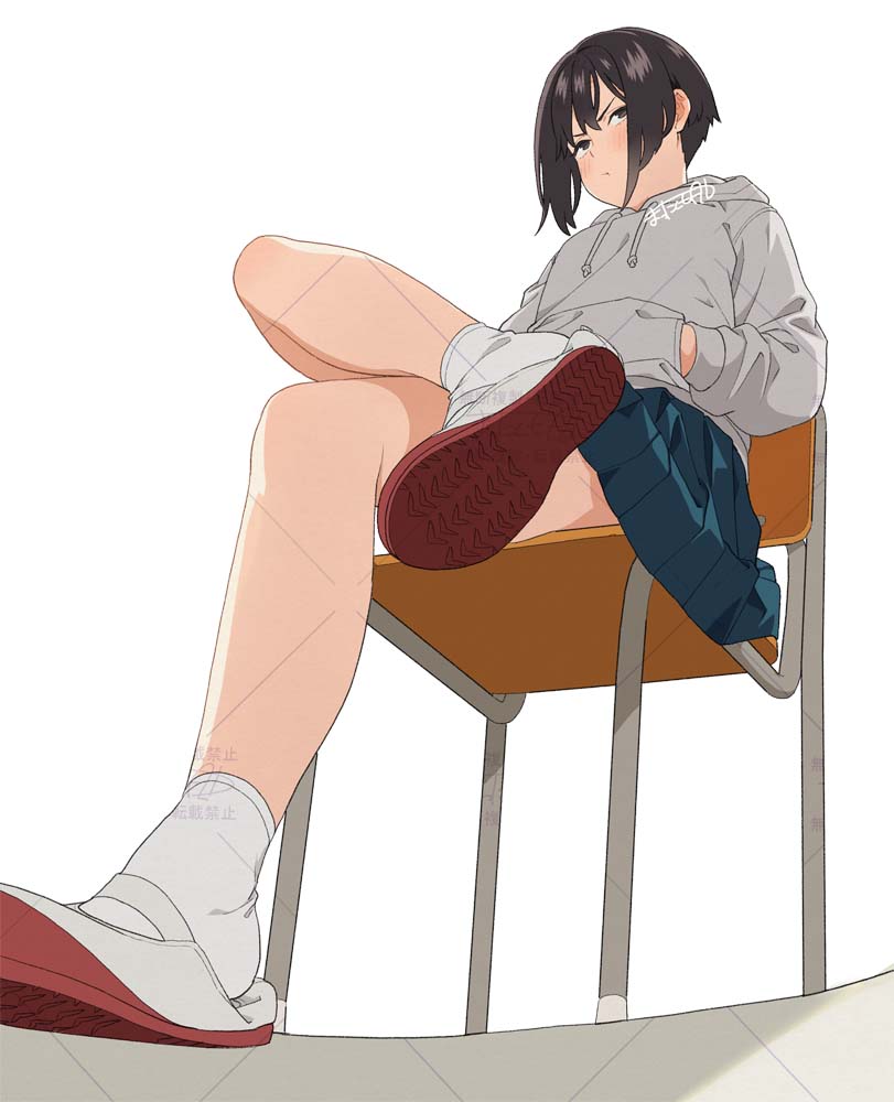 1girl bare_legs black_hair blue_skirt blush chair crossed_legs full_body grey_hoodie hands_in_pockets hood hood_down hoodie legs looking_at_viewer mattaku_mousuke medium_hair miniskirt original pleated_skirt pout school_chair school_uniform shadow signature simple_background sitting skirt socks solo white_background white_socks
