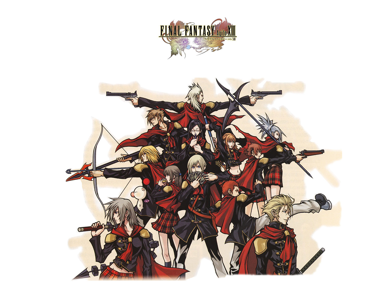 6+boys 6+girls ace_(fft-0) black_hair blonde_hair blue_eyes bow_(weapon) braid brown_eyes brown_hair cape card cater_(fft-0) cinque_(fft-0) deuce_(fft-0) dual_wielding eight_(fft-0) final_fantasy final_fantasy_type-0 flute green_eyes gun handgun highres holding instrument jack_(fft-0) katana king_(fft-0) mace multiple_boys multiple_girls nine_(fft-0) nomura_tetsuya official_art official_wallpaper pistol plaid_clothes plaid_skirt polearm queen_(fft-0) red_hair scythe seven_(fft-0) sice_(fft-0) silver_hair skirt spear sword trey_(fft-0) uniform weapon whip_sword