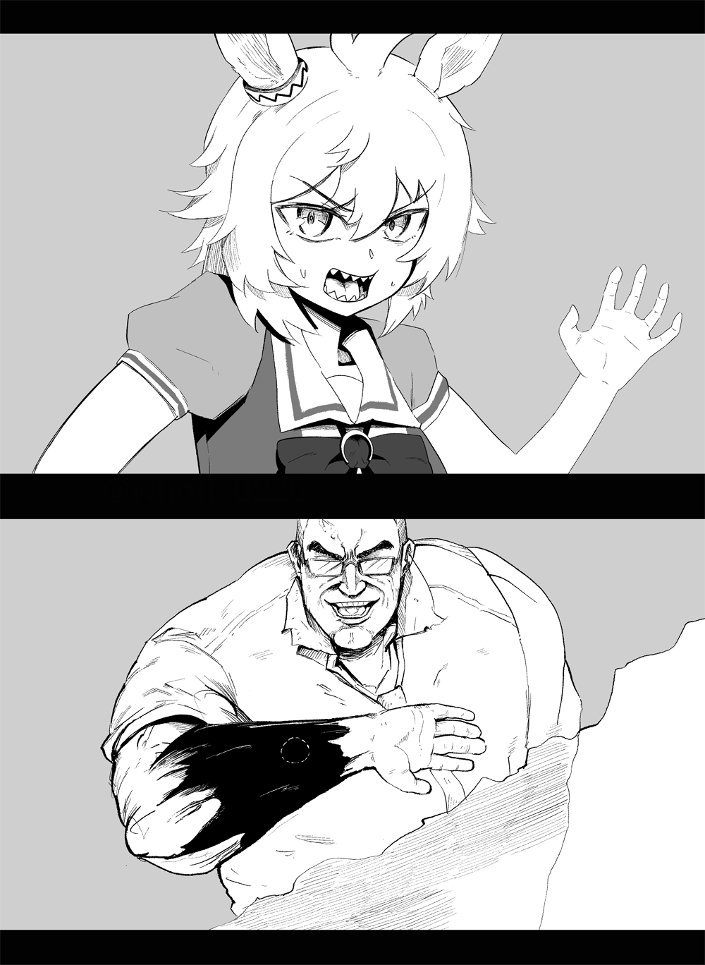 1boy 1girl 2koma animal_ears bite_mark bow bowtie collared_shirt comic commentary crossover ear_ornament glasses grey_theme hair_between_eyes highres horse_ears horse_girl long_hair meme metal_gear_(series) metal_gear_rising:_revengeance muscular muscular_male nanomachines_son!_(meme) necktie opaque_glasses open_mouth parody puffy_short_sleeves puffy_sleeves pun sailor_collar sailor_shirt school_uniform shinko_windy_(umamusume) shirt short_hair short_sleeves silent_comic steven_armstrong summer_uniform sweatdrop torn_clothes tracen_school_uniform umamusume upper_body v-shaped_eyebrows very_long_hair what_is_(pix30d)