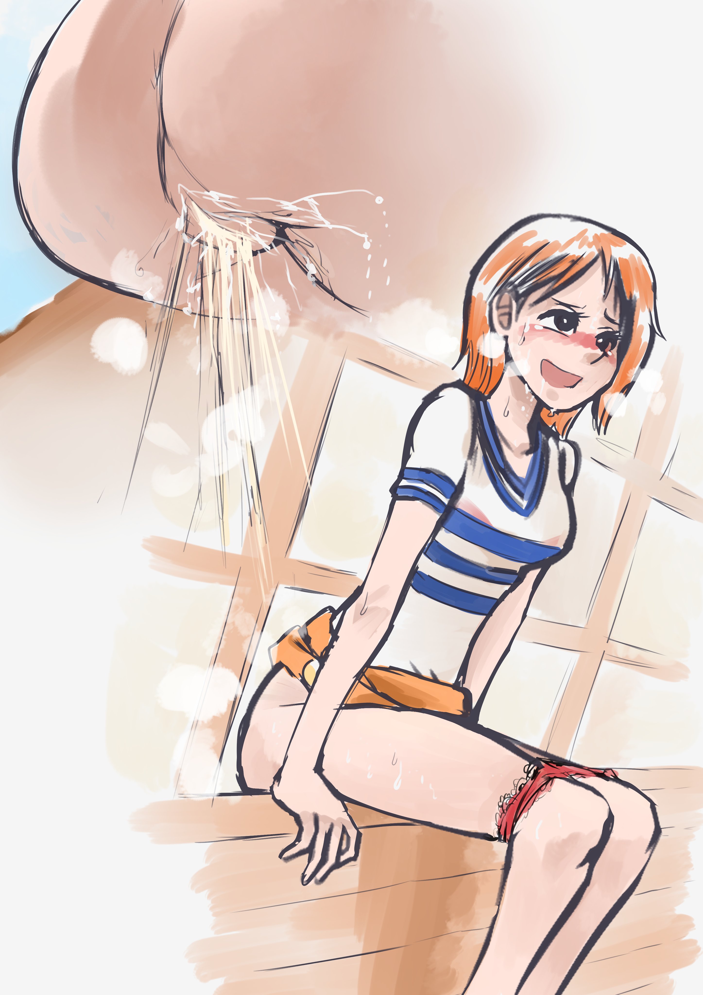 hentai pee nami biku, nami (one piece), nami (one piece) (east blue), one piece, absurdres,  highres, 1girl, ass, blue shirt, blush, boat, breasts, breath, brown eyes,  brown hair, clothes lift, cloud, from below, large breasts,