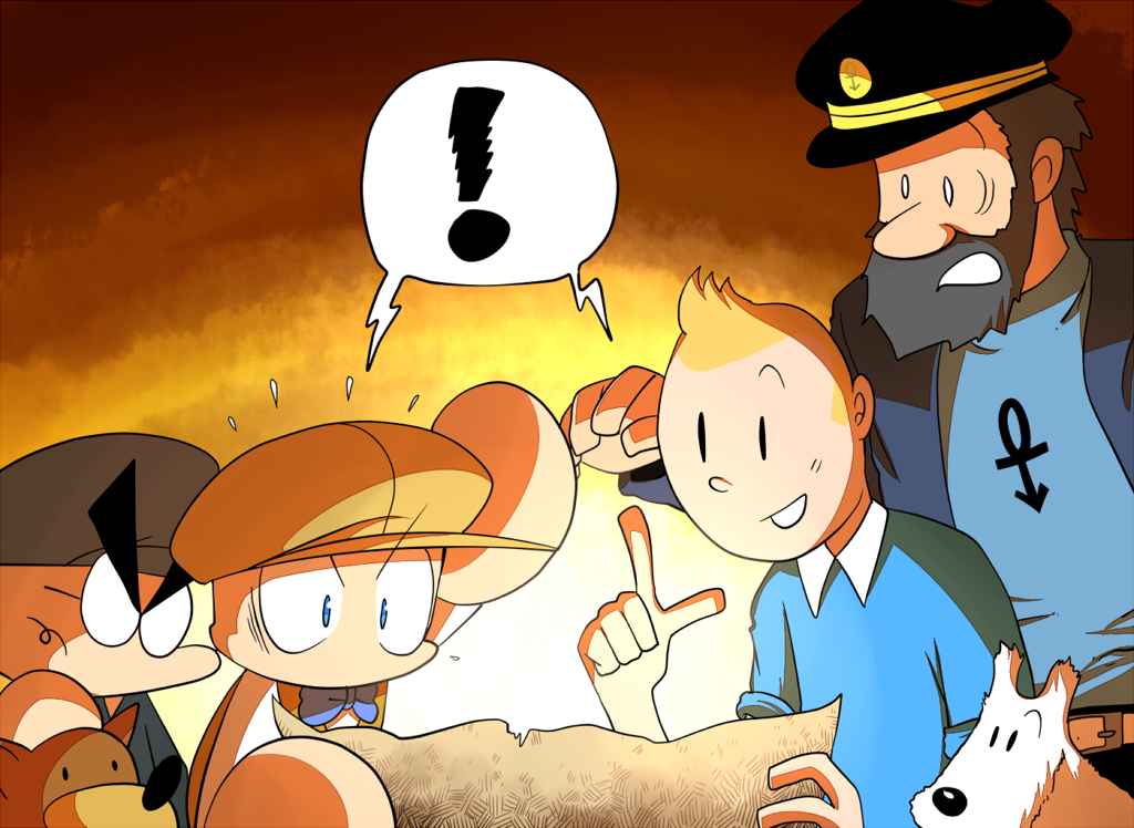 ! 4boys beard blonde_hair blue_eyes bow bowtie brown_hair captain_archibald_haddock captain_haddock cowboy_western crossover dog facial_hair flying_sweatdrops glasses hat jikkyou_powerful_pro_yakyuu male_focus map multiple_boys open_mouth pointing pointing_up power_poke-kun_(7) power_pro_kun_pocket power_pro_kun_pocket_7 quiff rariatto_(ganguri) spoken_exclamation_mark surprised tintin tintin_(character) yuda_kouichi