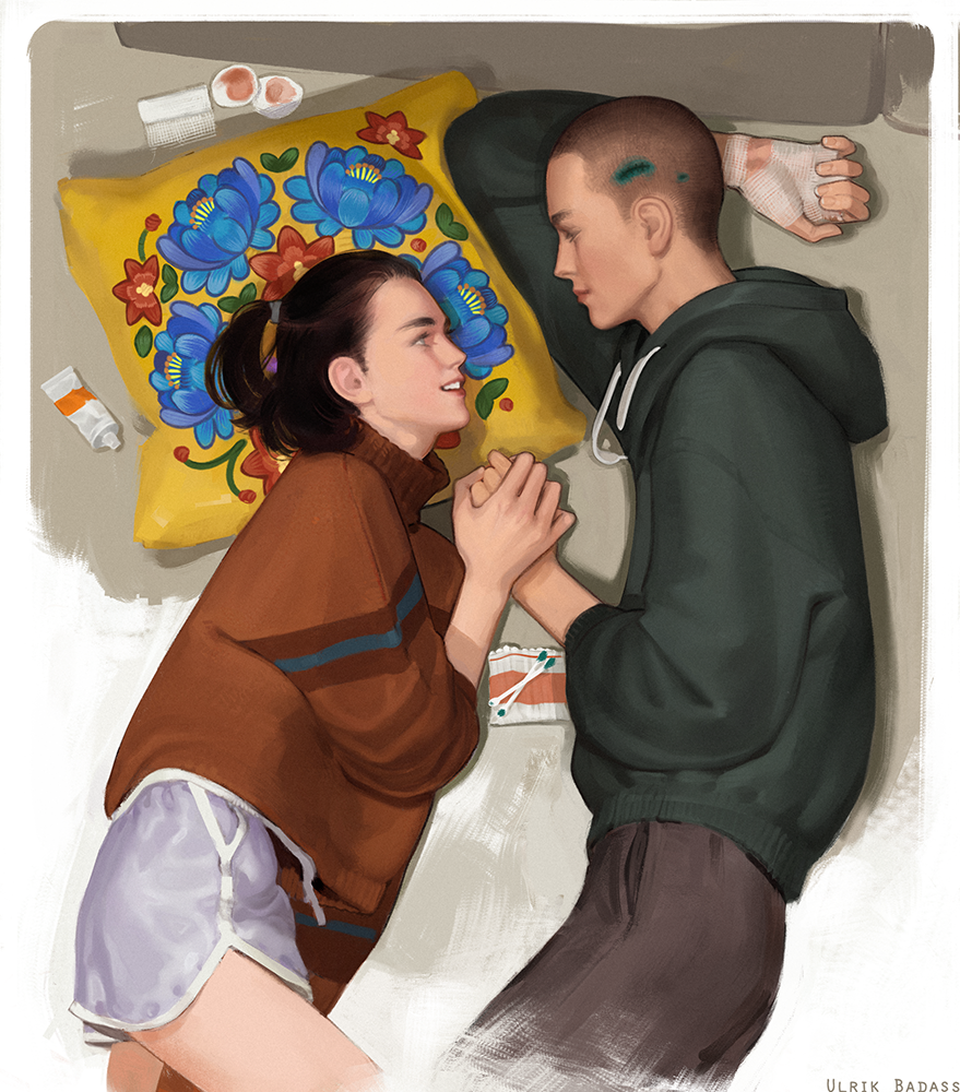 2boys androgynous artist_name bandages black_hair buzz_cut cotton_swab crossdressing drawstring green_hoodie holding_hands hood hoodie looking_at_another lying male_focus multiple_boys on_side original pillow scar short_hair socks sweater trap ulrikbadass very_short_hair yaoi