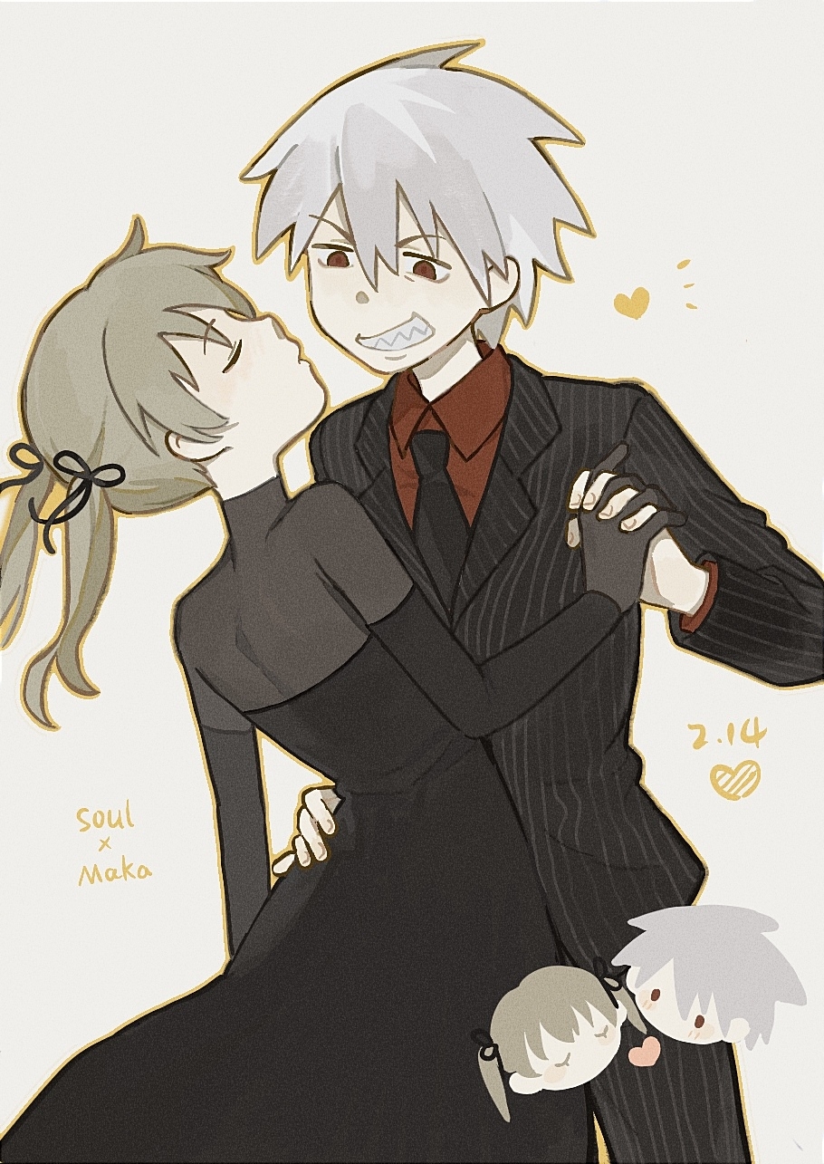 1boy 1girl black_dress black_gloves black_jacket black_necktie black_pants brown_hair character_name chinese_commentary closed_eyes collared_shirt commentary_request couple dated dress gloves grin hair_ribbon heart hetero highres holding_hands jacket maka_albarn necktie pants red_shirt ribbon rice_(somasuki_77) sharp_teeth ship_name shirt simple_background smile soul_eater soul_evans striped_clothes striped_jacket striped_pants teeth twintails vertical-striped_clothes vertical-striped_jacket vertical-striped_pants white_background white_hair