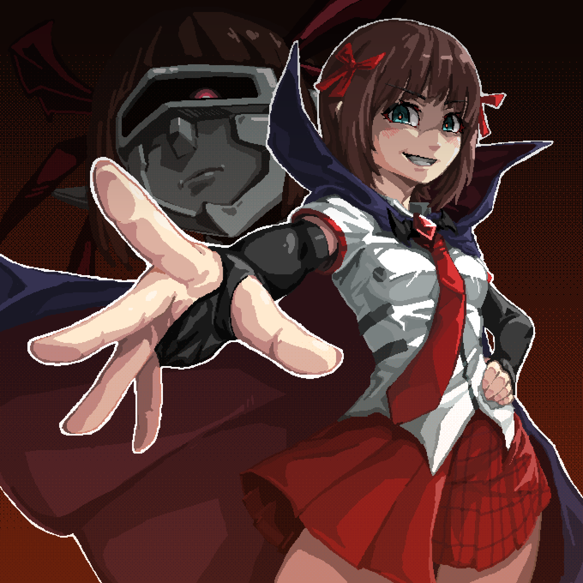 1girl amami_haruka black_gloves brown_hair cape collared_cape contrapposto cowboy_shot dark_persona elbow_gloves evil_eyes evil_grin evil_smile fingerless_gloves foreshortening gloves green_eyes grin hair_ribbon hand_on_own_hip harustein highres hold111 idolmaster idolmaster_(classic) looking_at_viewer mecha mujin_gattai_kisaragi necktie outstretched_arm pixel_art red_necktie red_pupils red_ribbon red_skirt ribbon robot short_hair short_sleeves skirt smile solo white_skirt