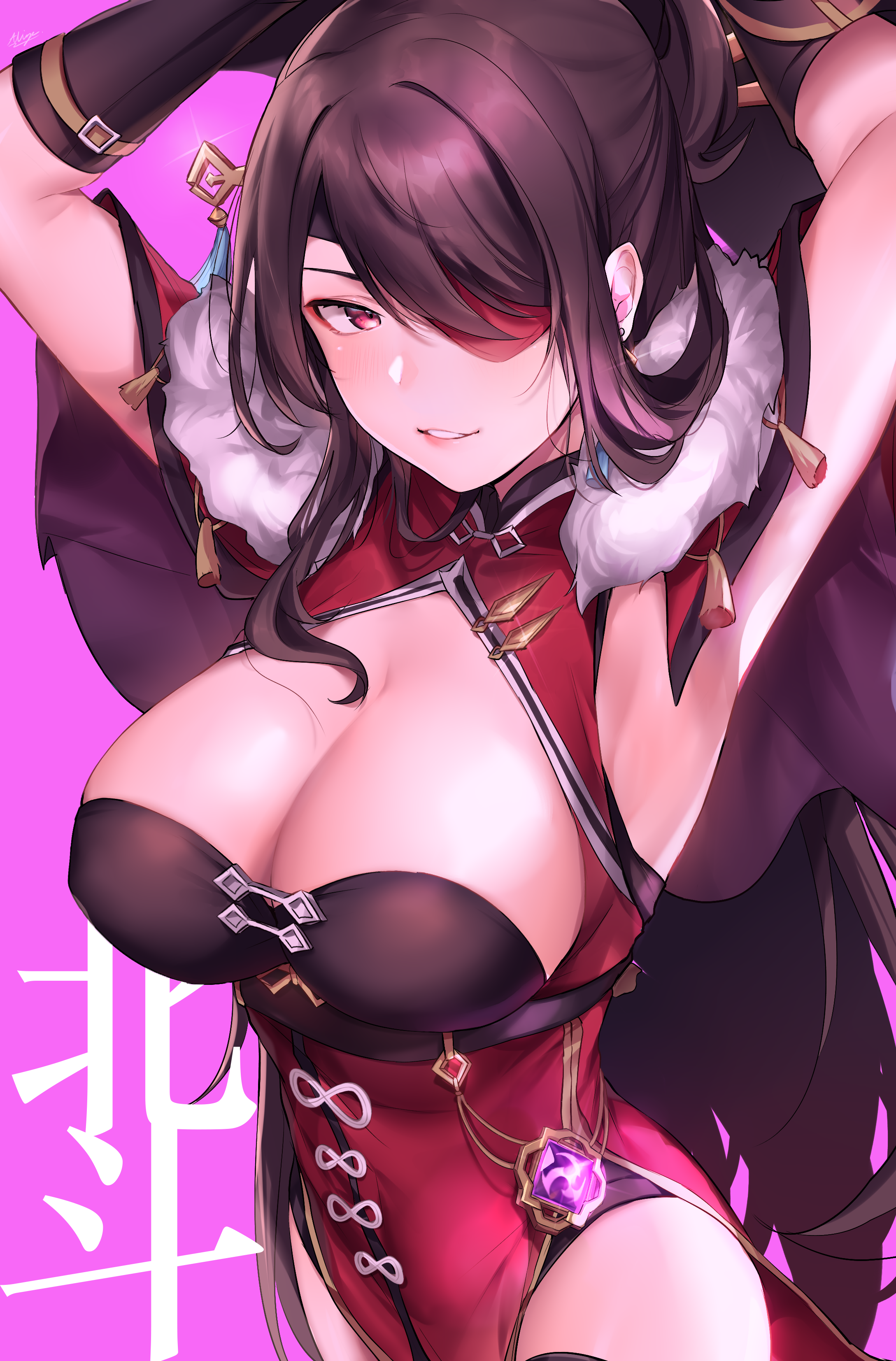 1girl absurdres allze armpits arms_up beidou_(genshin_impact) breasts brown_hair cleavage colored_eyepatch eyepatch fur_trim genshin_impact gloves hair_ornament hair_stick hairpin highres large_breasts lips looking_at_viewer one_eye_covered outdoors pink_background red_eyes solo teeth translated vision_(genshin_impact)