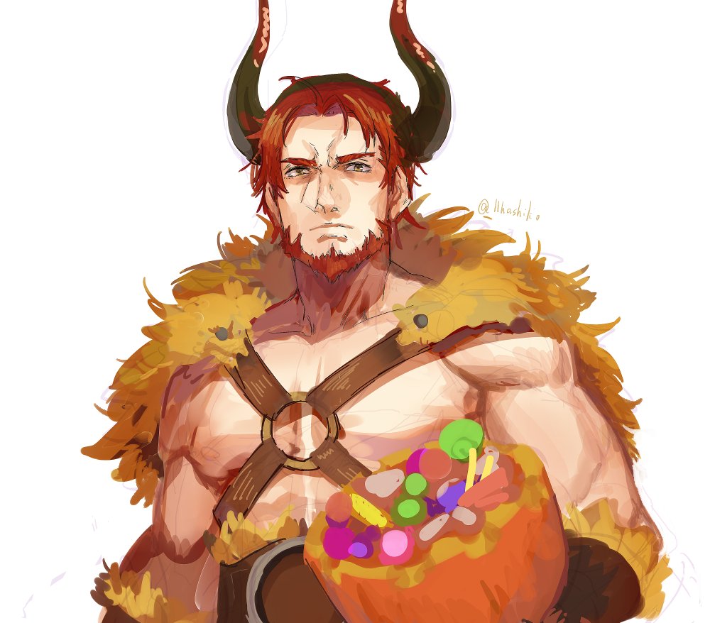 1boy bare_pectorals beard candy capelet chest_harness dorcas_(fire_emblem) dorcas_(halloween)_(fire_emblem) facial_hair fake_horns fire_emblem fire_emblem:_the_blazing_blade fire_emblem_heroes food fur_capelet halloween_bucket halloween_costume harness hashiko_(neleven) horns male_focus muscular nintendo no_nipples o-ring o-ring_harness official_alternate_costume pectorals red_facial_hair red_hair short_hair solo