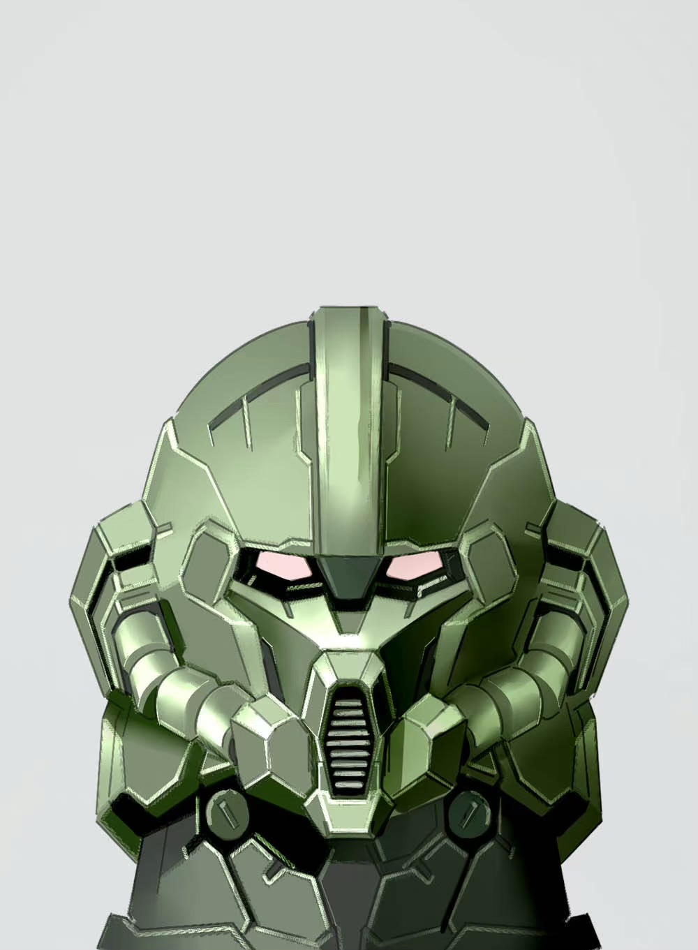 commentary_request grey_background gundam highres looking_at_viewer mecha mecha_focus mobile_suit mobile_suit_gundam mosiaz328 no_humans portrait red_eyes redesign robot science_fiction simple_background solo zaku_ii