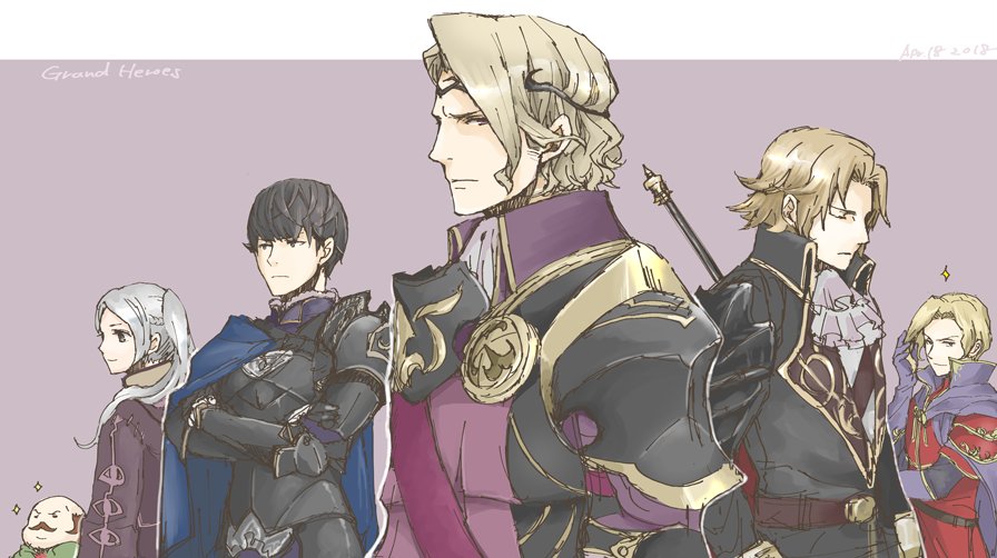 armor berkut_(fire_emblem) black_armor black_hair blonde_hair camus_(fire_emblem) cape circlet female_robin_(fire_emblem) fire_emblem fire_emblem:_mystery_of_the_emblem fire_emblem:_the_binding_blade fire_emblem_awakening fire_emblem_echoes:_shadows_of_valentia fire_emblem_fates fire_emblem_heroes fur_trim gloves long_hair male_focus multiple_boys narcian_(fire_emblem) nintendo oliver_(fire_emblem) red_eyes robaco robe short_hair simple_background smile tiara twintails white_background xander_(fire_emblem)