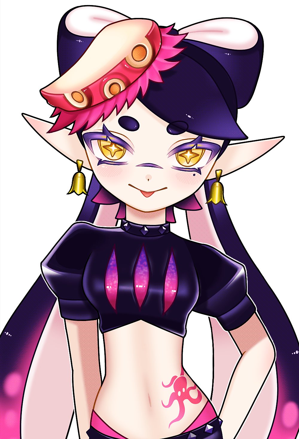 +_+ 1girl :p black_hair black_shirt blush bow-shaped_hair breasts callie_(octo_idol_outfit)_(splatoon) callie_(splatoon) cephalopod_eyes crop_top cross-shaped_pupils earrings gradient_hair hat inkling jewelry looking_at_viewer midriff mole mole_under_eye multicolored_hair navel nintendo octopus_earrings octopus_tattoo pink_hair pink_hat pointy_ears puffy_sleeves saria0221 shirt short_sleeves smile splatoon_(series) splatoon_2 squirrel_girl stomach_tattoo symbol-shaped_pupils tattoo tentacle_hair tongue tongue_out twintails two-tone_hair white_background yellow_eyes