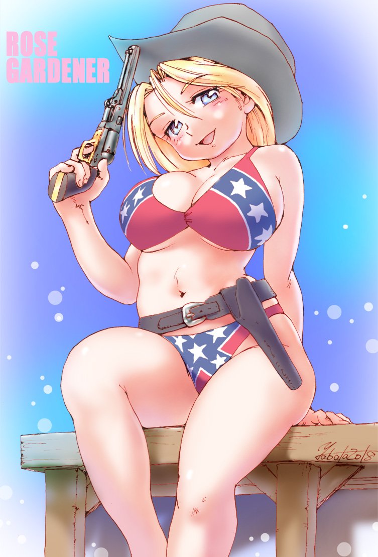1girl arm_support belt black_belt blonde_hair blue_eyes breasts character_name confederate_flag_bikini cowboy_hat cowgirl_(western) feet_out_of_frame flag_print flag_print_bikini gun hair_between_eyes hat holding holding_gun holding_weapon holster large_breasts looking_at_viewer navel open_mouth original print_bikini rose_gardener sitting solo weapon yabataso