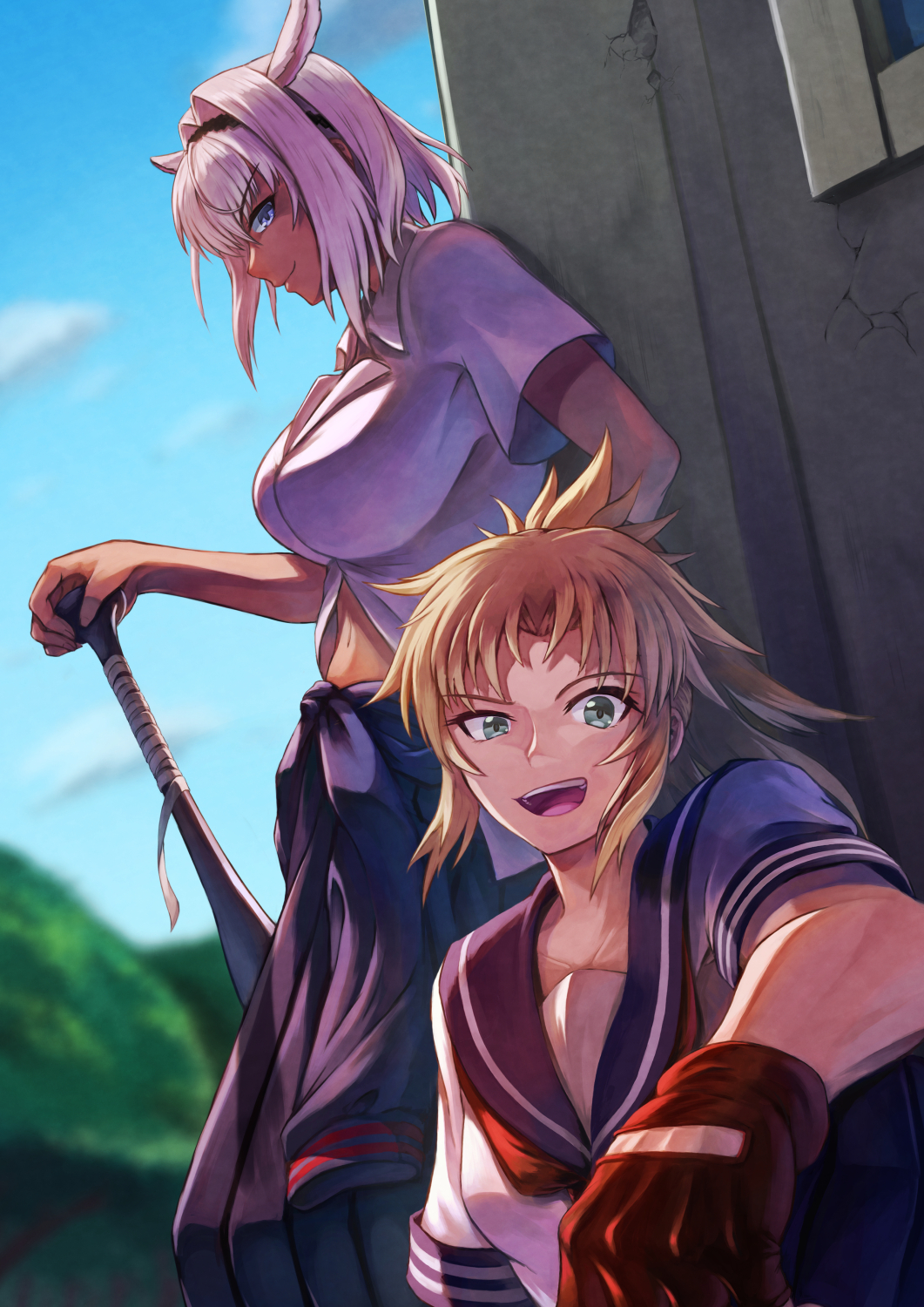 2girls animal_ears baseball_bat bat_(animal) blonde_hair blue_eyes breasts caenis_(fate) clothes_around_waist dark-skinned_female dark_skin day delinquent eyes_visible_through_hair fate/grand_order fate_(series) gloves green_eyes highres juunishi_aya large_breasts mordred_(fate) mordred_(fate/apocrypha) multiple_girls navel school school_uniform skirt small_breasts sukeban tomboy white_hair