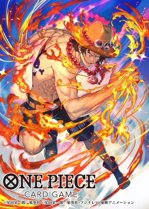 1boy abs back_tattoo bashikou belt black_shorts blue_sky boots bracelet cloud commentary_request copyright_name elbow_pads fire freckles full_body hat jewelry looking_at_viewer male_focus necklace official_art one_piece one_piece_card_game orange_belt orange_hat pearl_necklace portgas_d._ace shorts single_elbow_pad sky smile solo sparkle tattoo topless_male