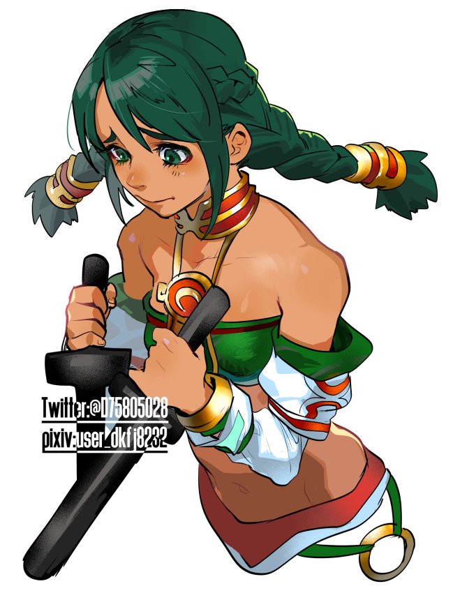 1girl bare_shoulders black_hair braid breasts closed_mouth dark-skinned_female dark_skin holding jewelry long_hair midriff mucha_gorou navel simple_background small_breasts solo soul_calibur talim tonfa twin_braids twintails weapon white_background yuriyuri_(ccc)