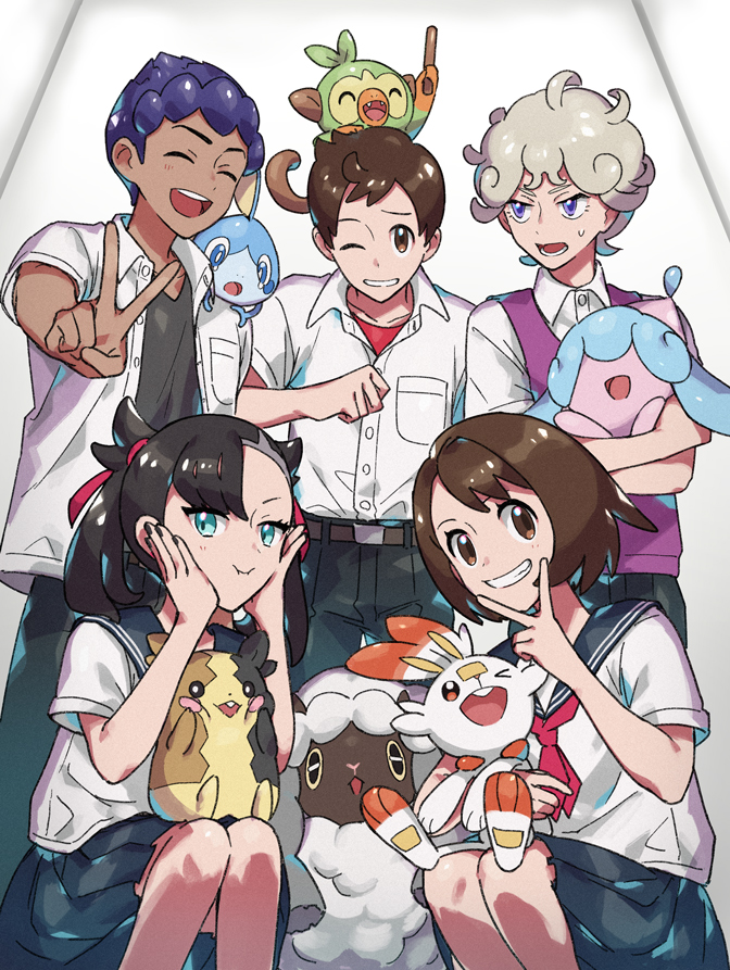 2girls 3boys alternate_costume bede_(pokemon) black_hair blue_hair brown_hair dark_skin gen_8_pokemon gloria_(pokemon) grookey hatterene hop_(pokemon) marnie_(pokemon) morpeko morpeko_(full) multiple_boys multiple_girls nintendo one_eye_closed pokemon pokemon_swsh school_uniform scorbunny serafuku shirt smile sobble starter_pokemon_trio suruga_dbh v victor_(pokemon) wooloo