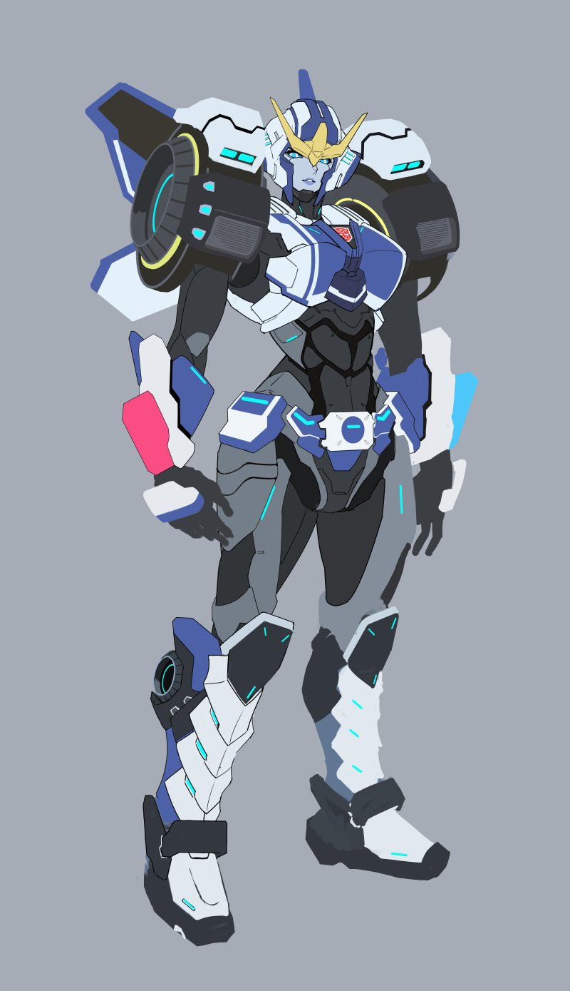 autobot black_sclera blue_eyes breasts colored_sclera exocet_(exocet4) full_body grey_background highres large_breasts looking_at_viewer mecha mecha_focus open_hands parted_lips robot science_fiction solo standing strongarm_(transformers) transformers transformers:_robots_in_disguise_(2015) v-fin