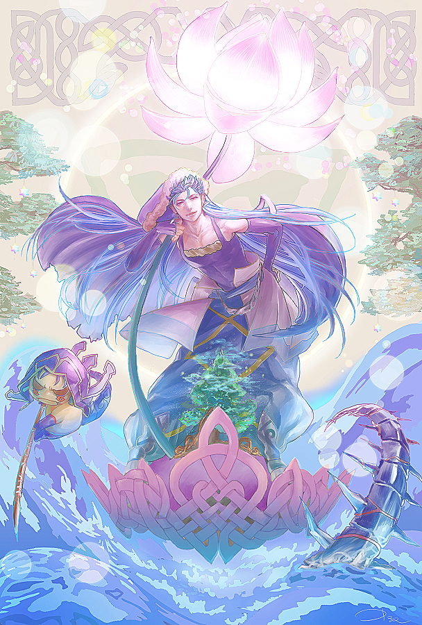 armor belt blue_hair cape celtic_knot chibi cu_chulainn_(caster)_(fate) cu_chulainn_(fate) cu_chulainn_(fate/stay_night) detached_sleeves earrings fate/grand_order fate_(series) flower fur-trimmed_hood fur_trim gae_bolg_(fate) greaves hand_on_own_hip harem_pants hood hooded_cape jewelry lens_flare long_hair looking_at_viewer lotus male_focus mini_cu-chan_(fate) pants pink_flower red_eyes saint_quartz_(fate) signature sutocking tail tree type-moon water waves yggdrasil